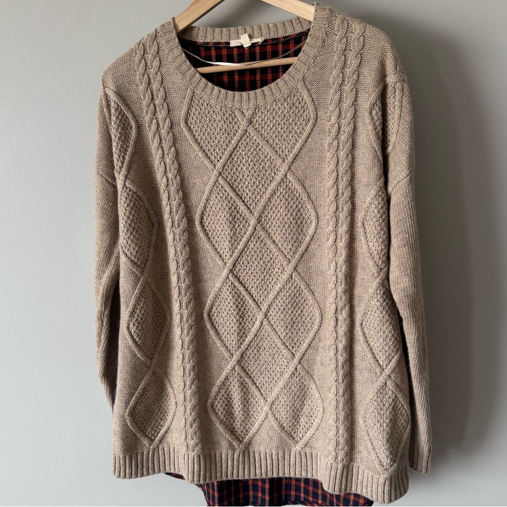 Mystree Cable Knit Sweater Flannel Plaid Back Beige Rust Large - Picture 2 of 10